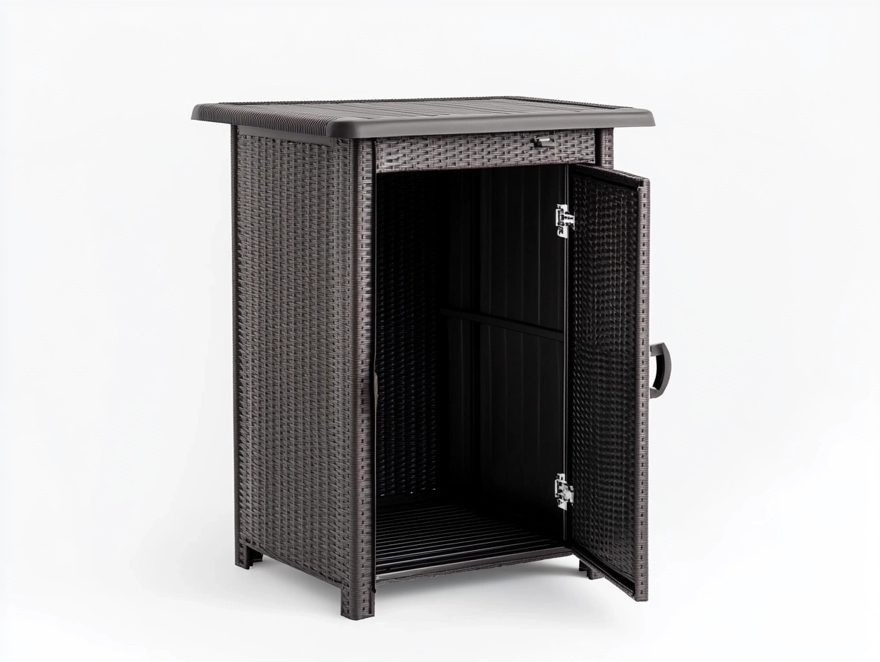 Armario de almacenamiento exterior marrón tipo ratán para jardín 70x50x90cm resistente al agua con puerta y tirador NU0037554