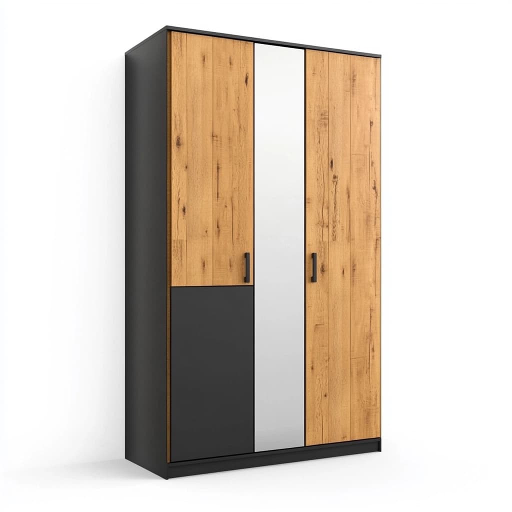 Armario moderno de madera y melamina, puertas espejo, acabado roble y negro, 200x160x60 cm