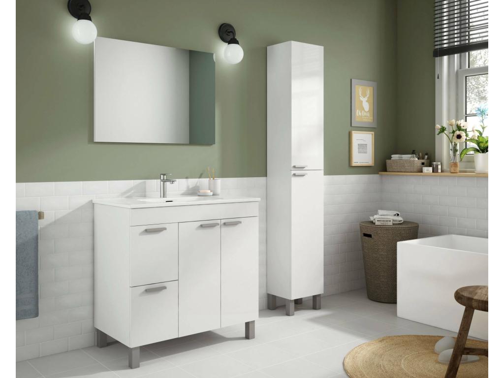 Mueble bajo lavabo Luzssnh - Mueble de baño - armario de 2 puertas con dos cajones con espejo - lavabo no incluido - 80x45h80 cm - Blanco brillo