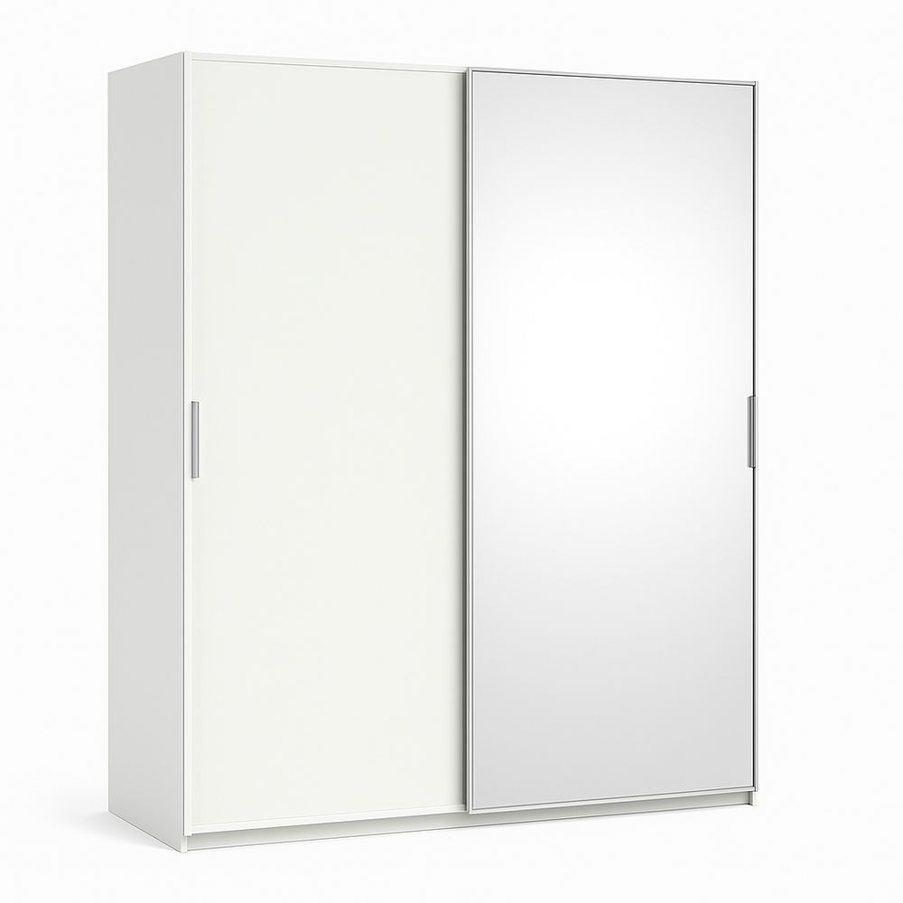 Armario moderno con espejo, estructura de madera, 2 puertas deslizables, color blanco, estilo minimalista, ideal para dormitorio