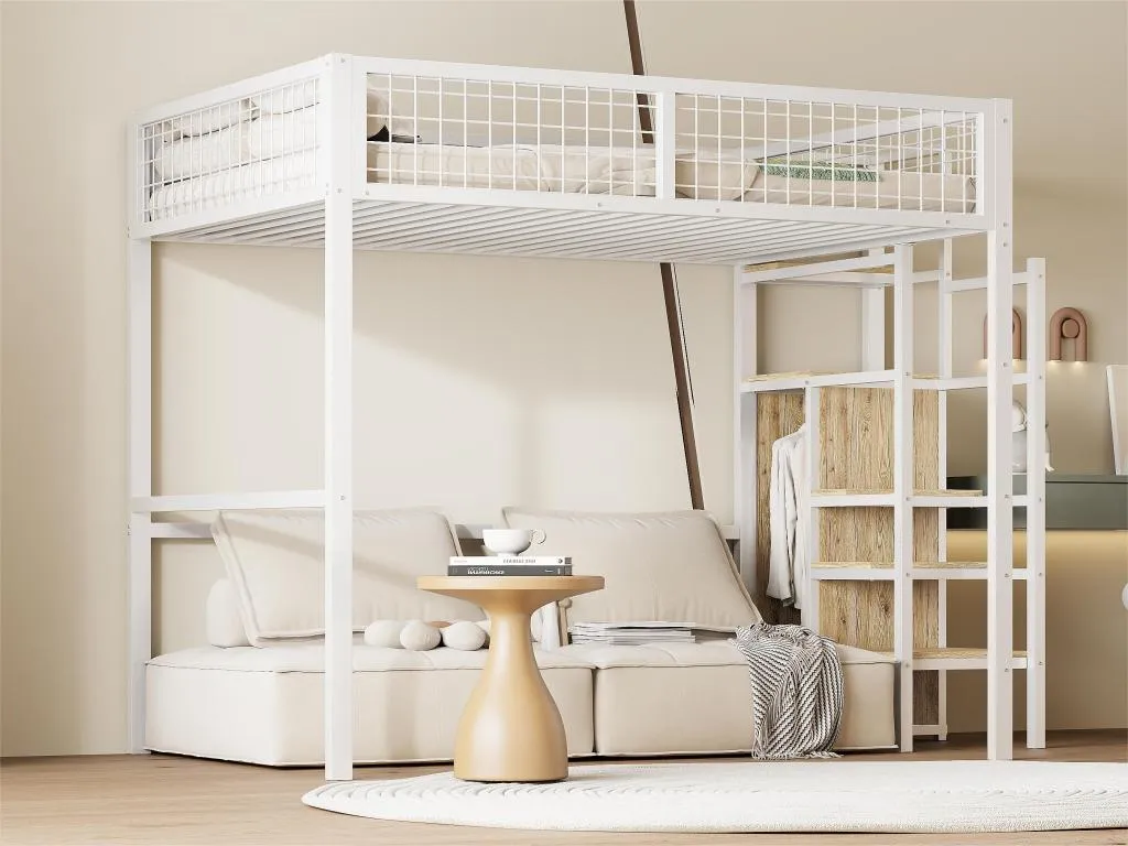 Cama altillo infantil 140x200 cm con estructura de hierro - con escalera y armario - Blanco