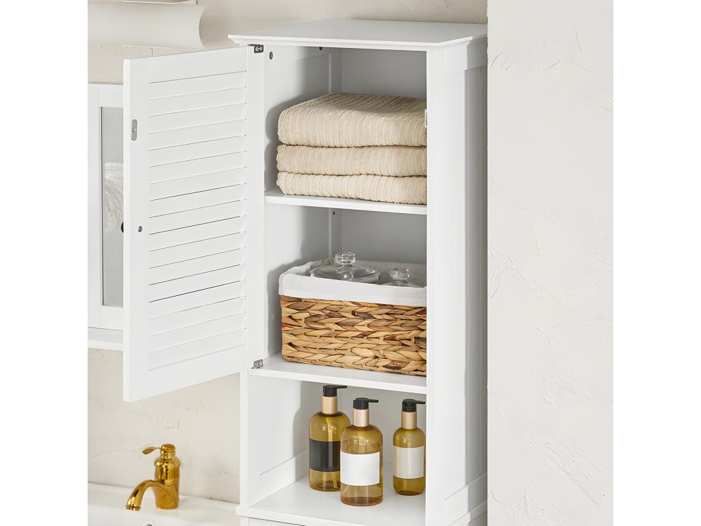 Mueble Columna de Baño con 1 Cesto para Ropa Sucia Armario Alto para Baño Estanterías de Baño con 1 Puerta y 3 Estantes 40 x 38 x 170 cm Blanco BZR124-W Confortzx