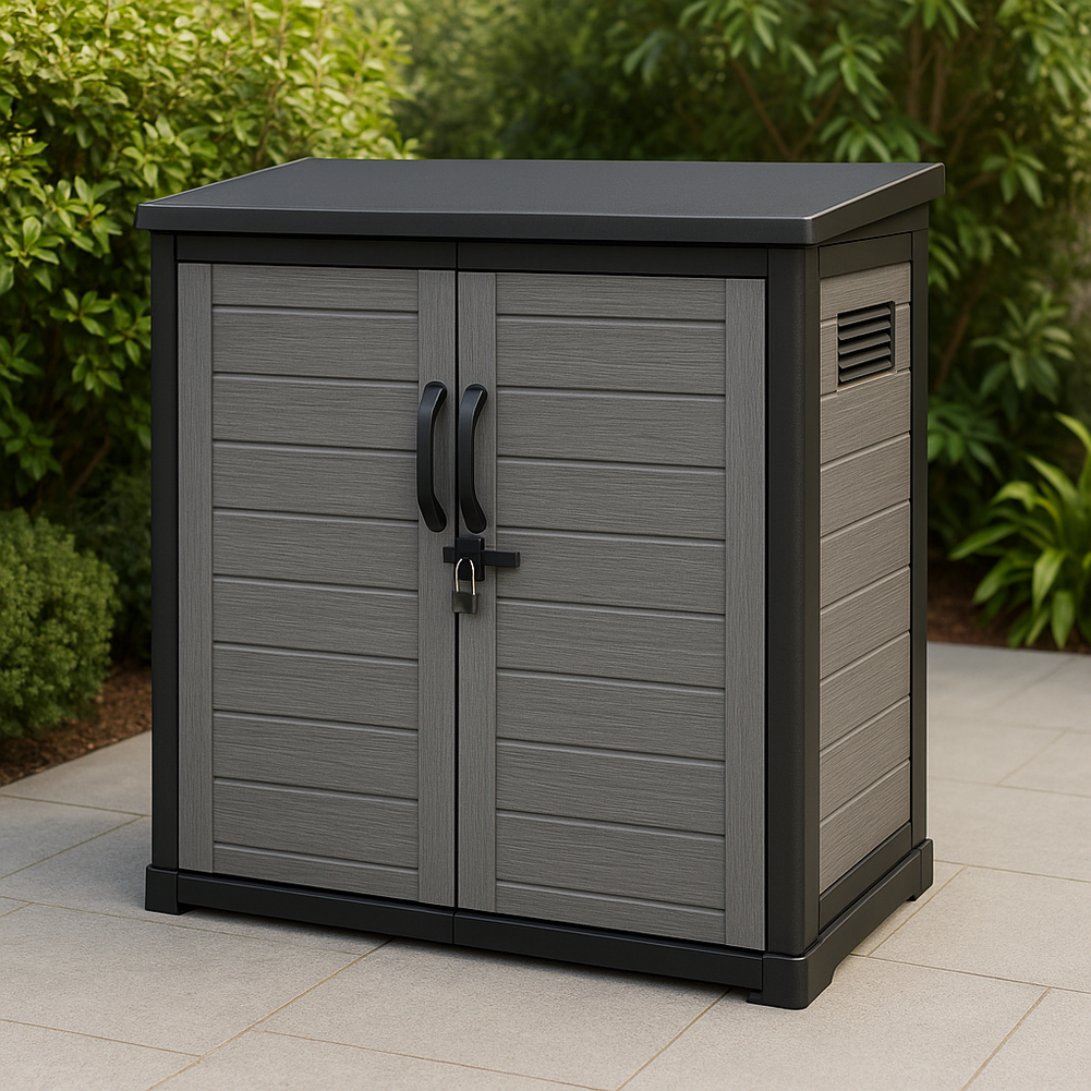 Casa y Jardín Armario de almacenamiento Resina 87x46.5x100 cm Gris/Negro Exterior Protección contra la intemperie