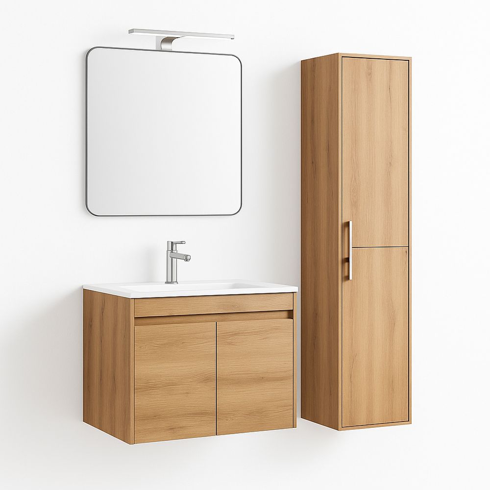 Mueble de baño moderno con espejo,armario de almacenamiento,madera clara,diseño minimalista,funcionalidad elegante