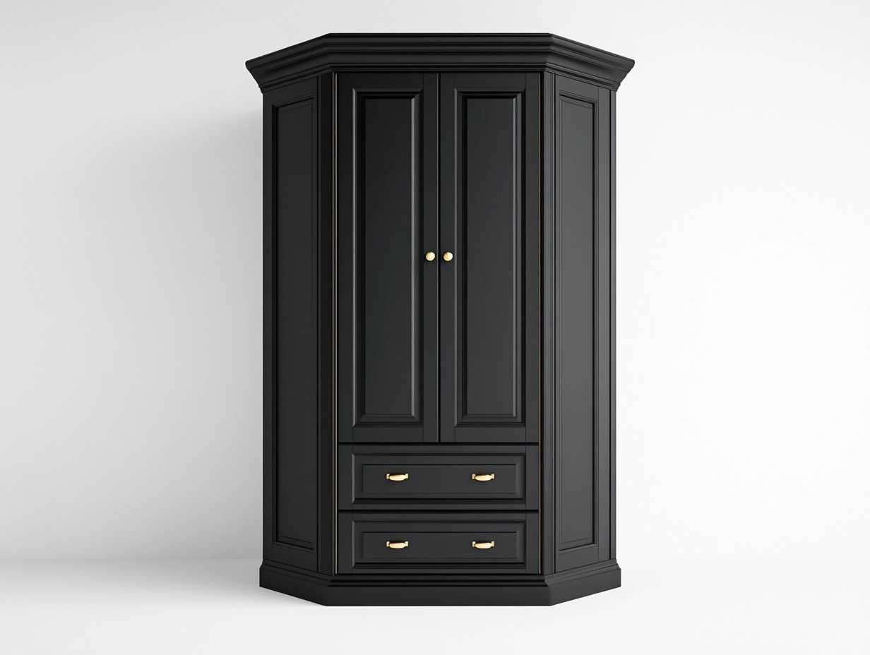 Armario esquinero negro de madera 180x90x60 cm para dormitorio con puertas y cajones clásico elegante