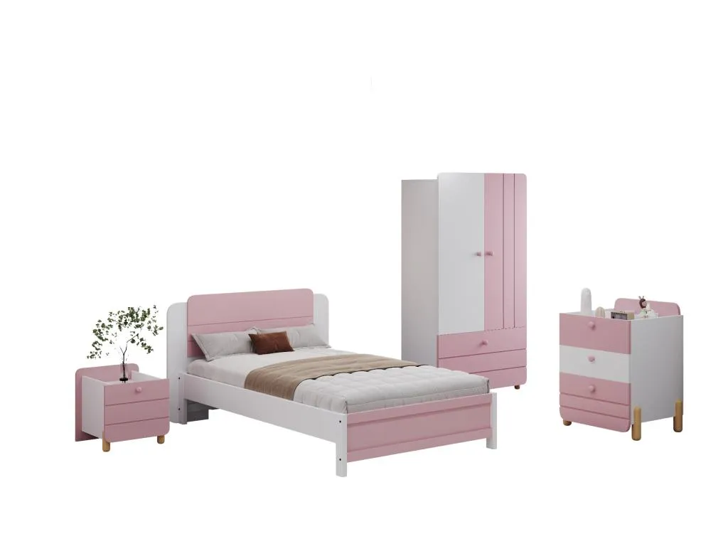 Juego de cama con mesita de noche 90x200 cm Somier Cómoda Armario - Color - Rosa
