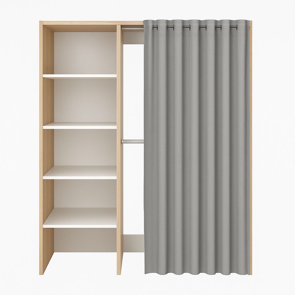Armario Modular con Cortina,Estantería de Madera,Diseño Moderno,4 Estantes,Color Natural