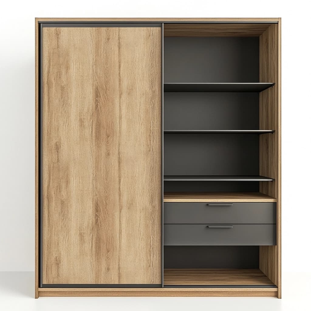 Armario para dormitorio con puertas correderas acabado madera roble y gris antracita estanterías y cajones 200x160x60 cm