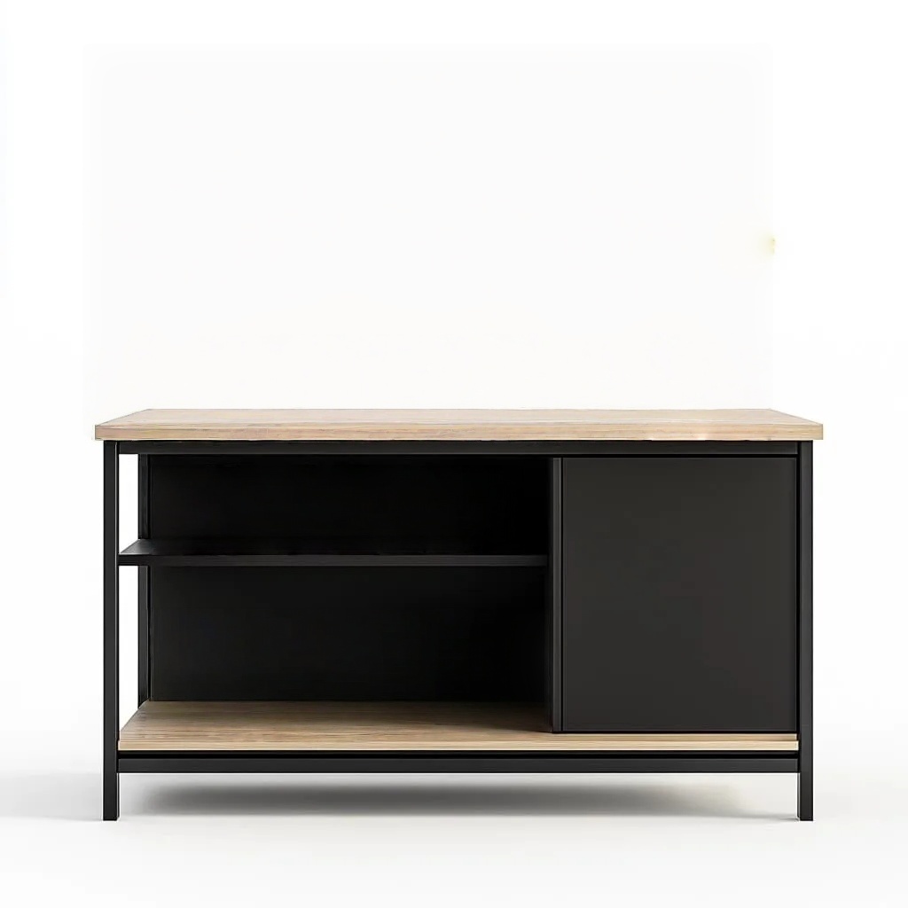 Armario de almacenamiento de cocina con estantes abiertos y puertas correderas, de estilo industrial en madera y metal, acabado en madera negra 120 x 60 x 85 cm