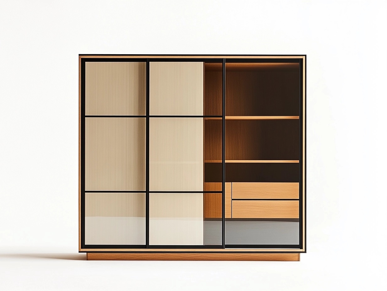 Armario de madera moderno con puertas correderas de vidrio para dormitorio 200x180x60 cm marrón claro y negro