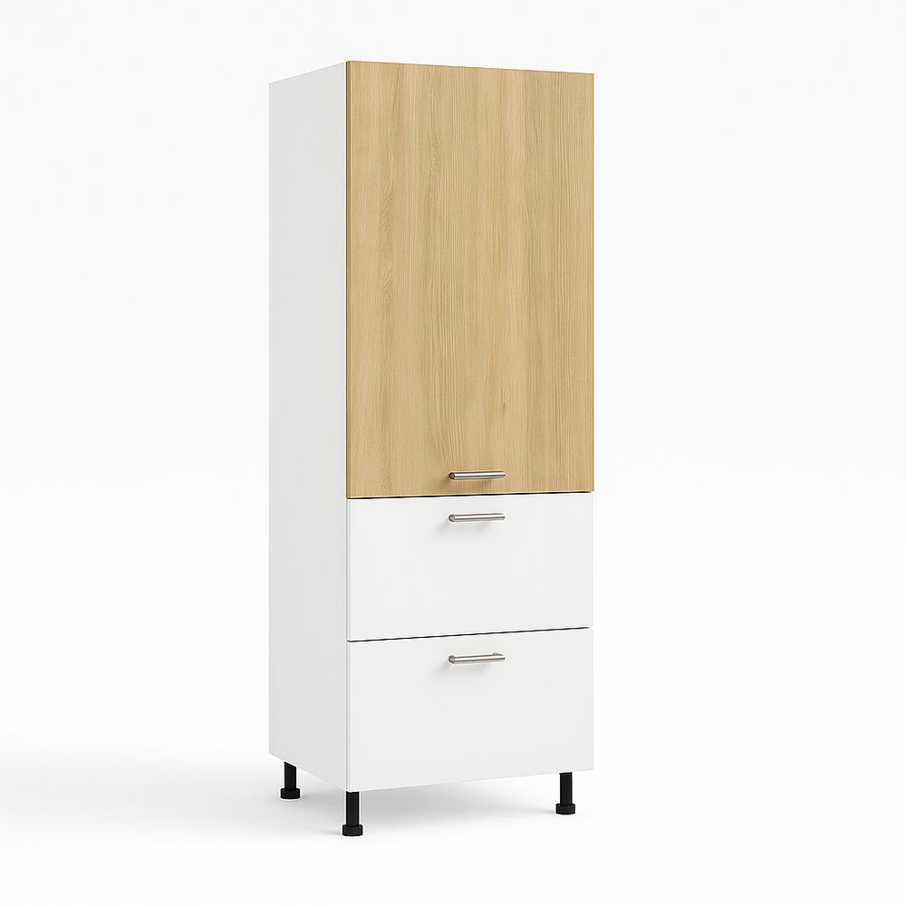 Armario vertical moderno con puertas de madera y acabados en blanco,almacenamiento compacto para cocina o salón