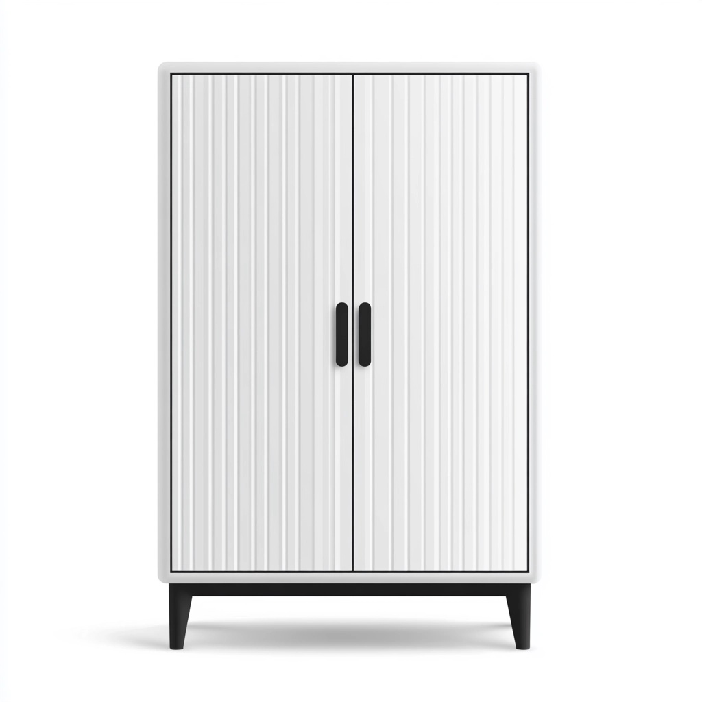 Armario alto contemporáneo de madera blanca, puertas dobles y patas negras, almacenamiento amplio DQ0949179