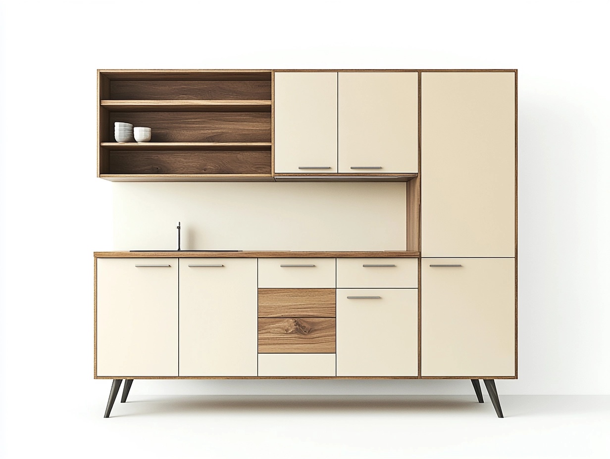 Mueble de cocina modular de 200x180 cm para hogar moderno organizador con armarios y estantes de madera color beige y nogal jd3342361