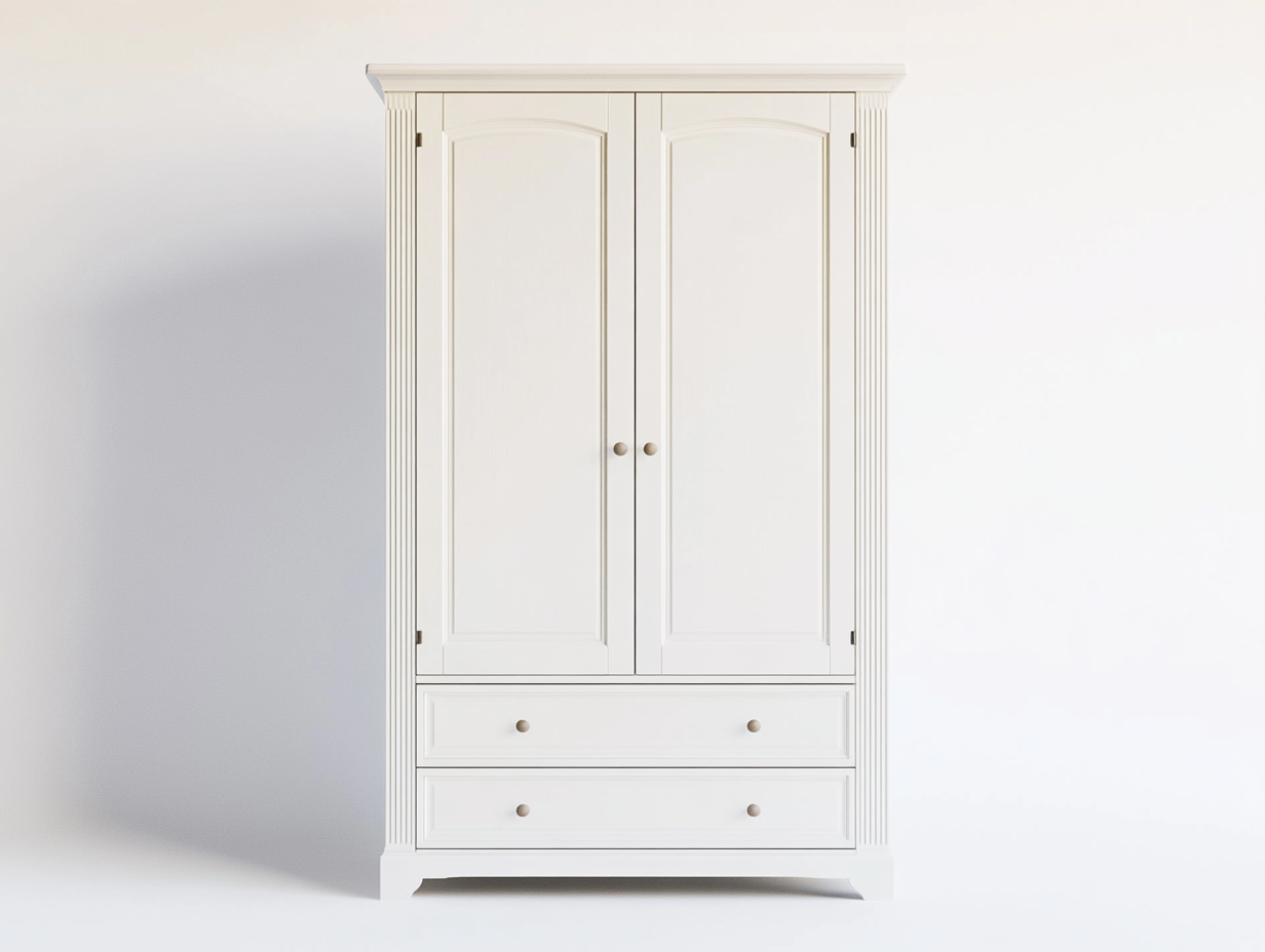 Armario blanco de madera con 2 puertas y 2 cajones para dormitorio clásico