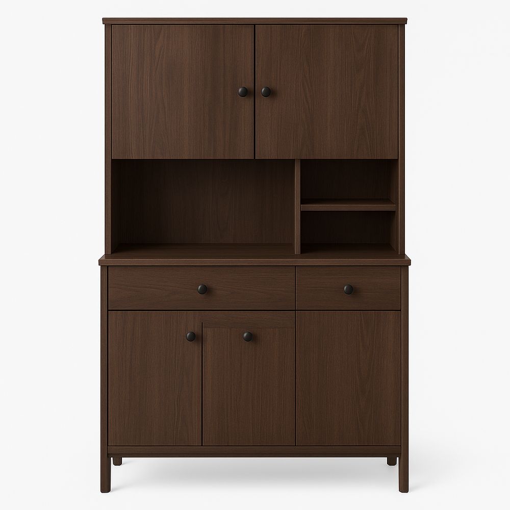 Mueble de almacenamiento de madera oscura con estantería,armario y cajones,diseño moderno para cocina o comedor