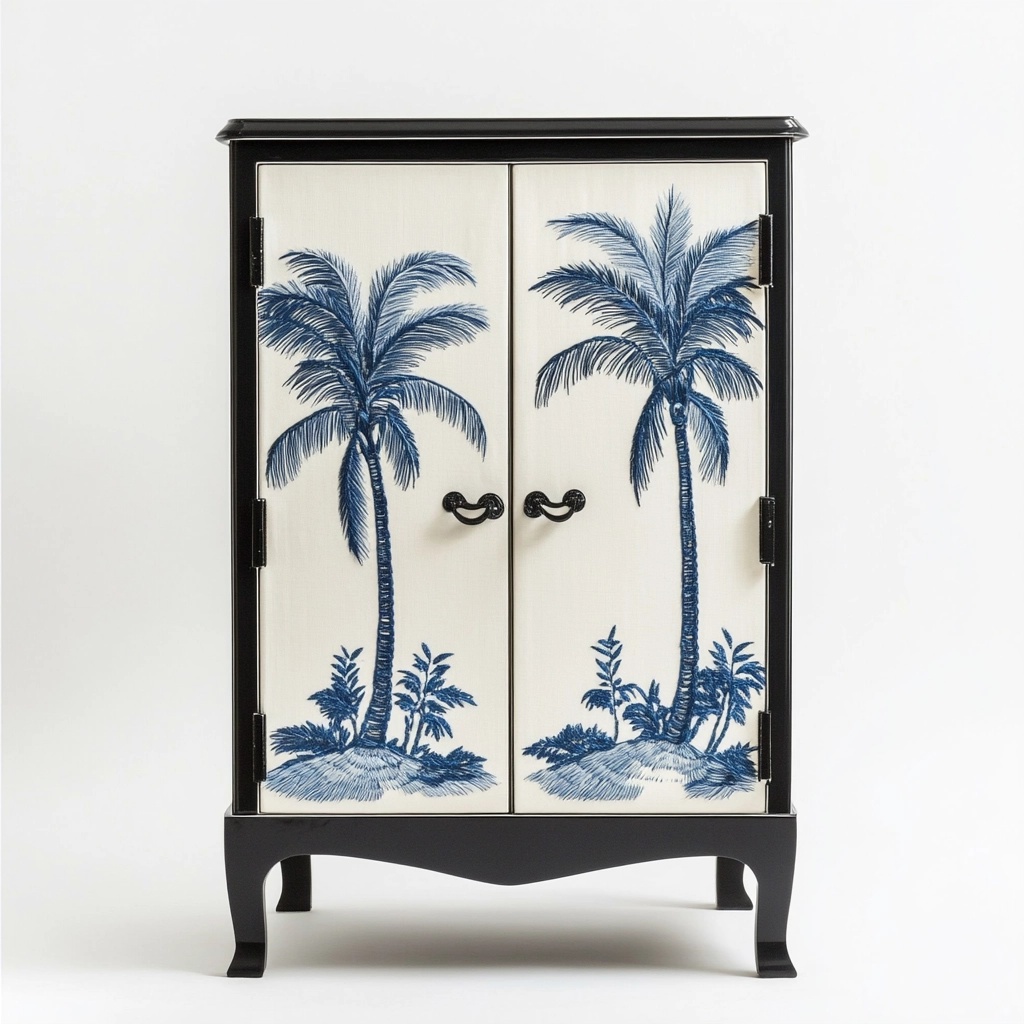 Armario decorativo de madera para salón con diseño tropical blanco y azul con puertas ilustradas ideal para almacenamiento y organización QW4105978