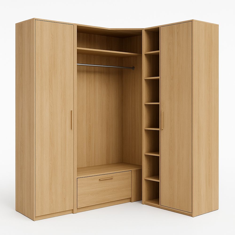 Armario esquinero de madera, almacenamiento funcional, estilo moderno, color claro, con estantes y barra para colgar, diseño compacto y eficiente