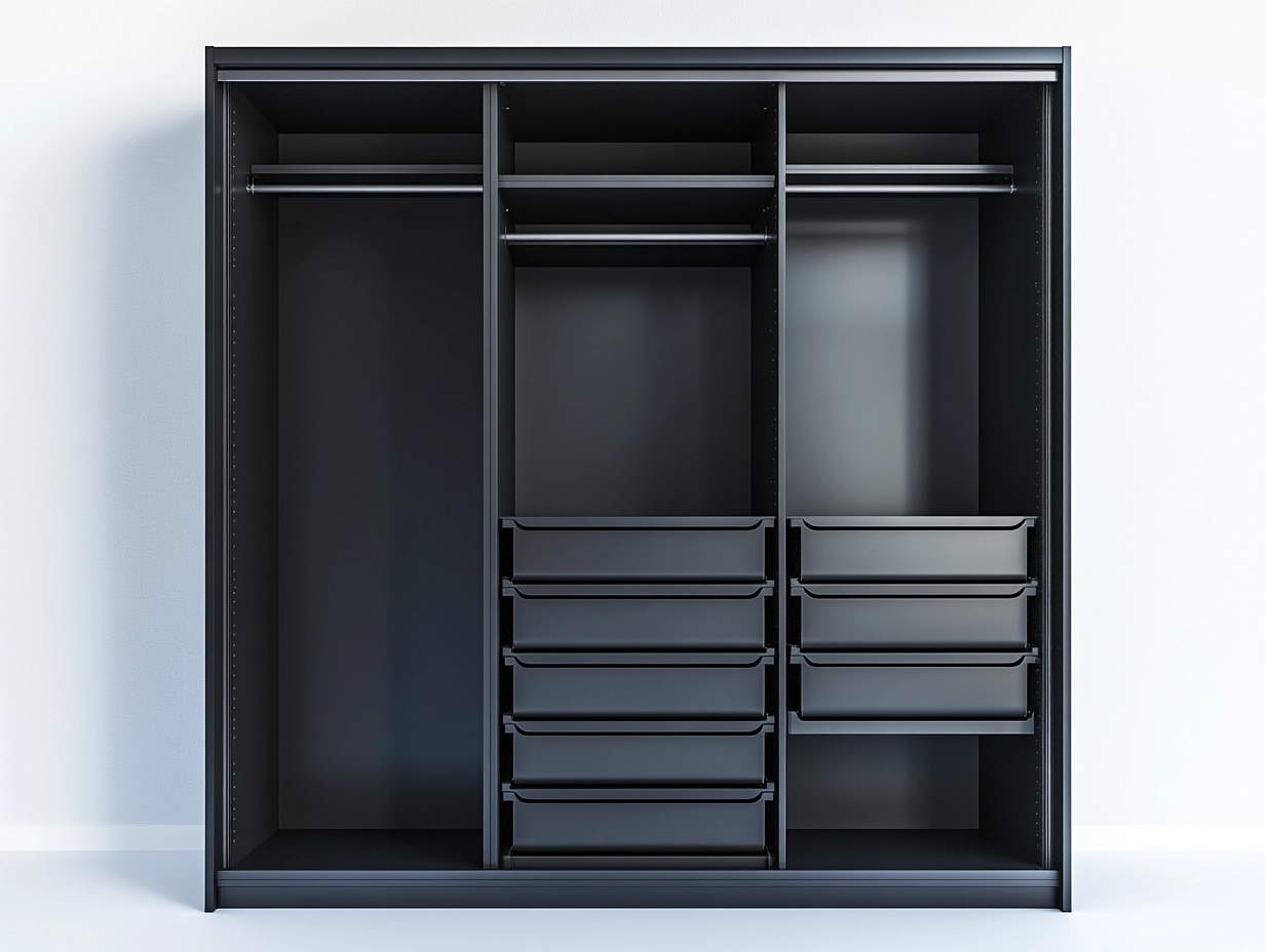 Armario grande de dormitorio con varios cajones negro moderno 200x220x60 cm para ropa madera y metal kt3146034